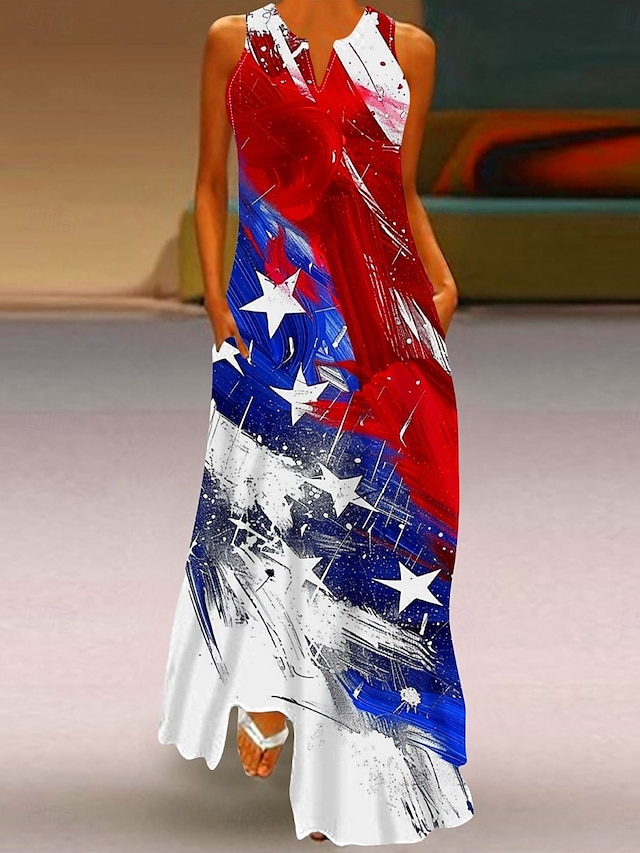  Independence Day Women's Patriotic Fourth of July Maxi Dress Shift Dress Summer Dress Casual Daily Holiday Regular Fit Flag Sleeveless Crew Neck Wine Red Navy Blue Blue Summer