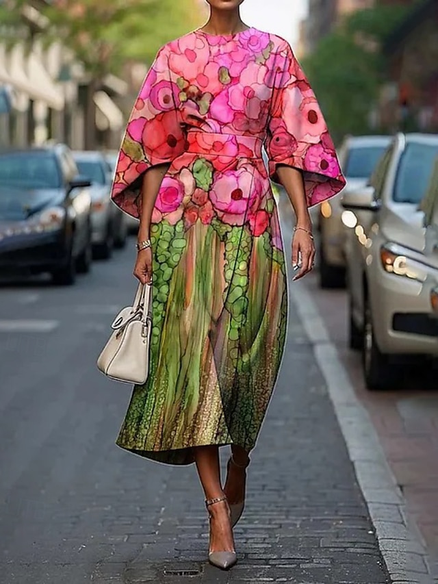  Dame Midikjole Floral kjole Print kjole Elegant Mote utendørs Feriereise Ut på byen Normal Blomsternål i krystall Halvlange ermer Crew-hals Rosa Fersken Grønn Mørkeblå Sommer