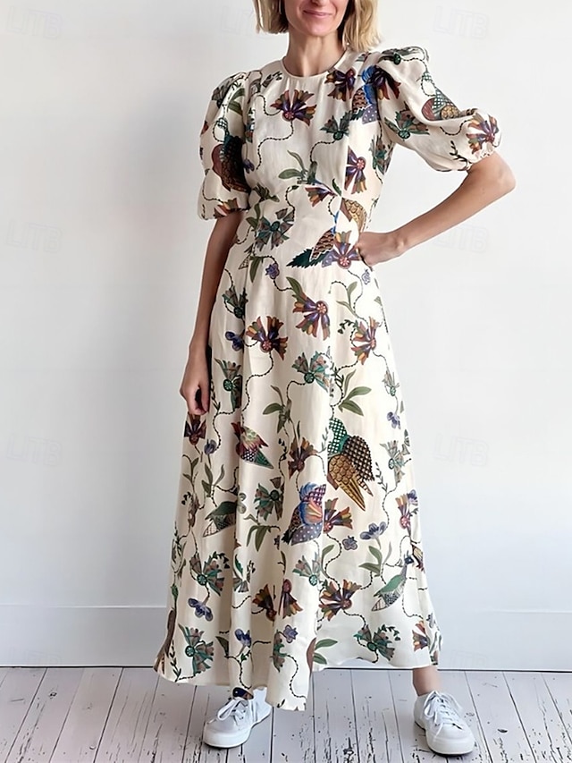  Dame Lang kjole Maxikjole Uformell kjole Mote utendørs Fest Ferie Normal Blomsternål i krystall Kortermet Crew-hals Beige Sommer