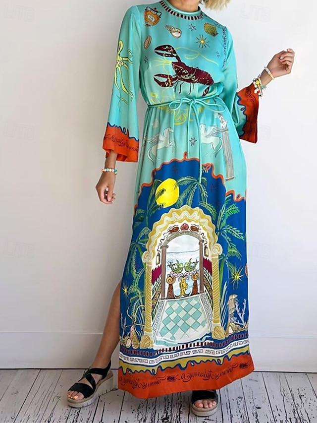  Damen Langes Kleid Maxikleid Baumwoll-Leinen-Kleider Freizeitkleid Mode Outdoor Party Ferien Normale Passform Landschaft Langarm Rundhalsausschnitt Blau Sommer