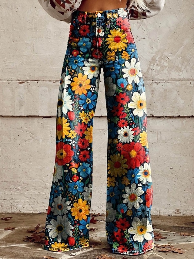 Femmes Jambe large Chinos Vacances Mode Streetwear Longueur complète Taille haute Fleuri Avec Poches Impression Confortable Doux Micro-Élastique Extérieur Rue Blanche Jaune bleu marine Bleu Ét