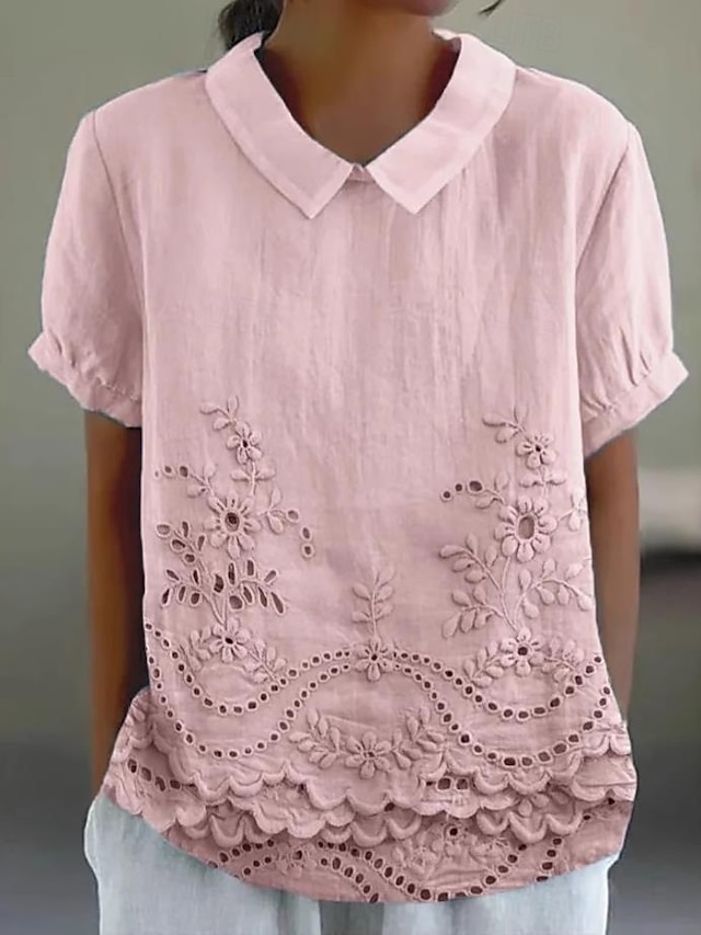  Dame Bluse Blomstret Grafisk Elegant Årgang Stilfull Kortermet Skjortekrage Vanlige topper Arbeid Daglig Trykt mønster Hvit Rosa Blå Sommer Vår