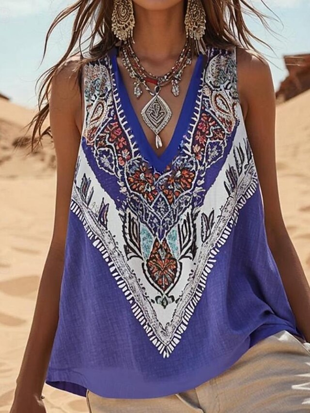 Women's Camisole Tank Top Floral Graphic Bohemia Daily Ethnic Sleeveless V Neck Regular Tops Daily Holiday Going out Blue Summer Spring3