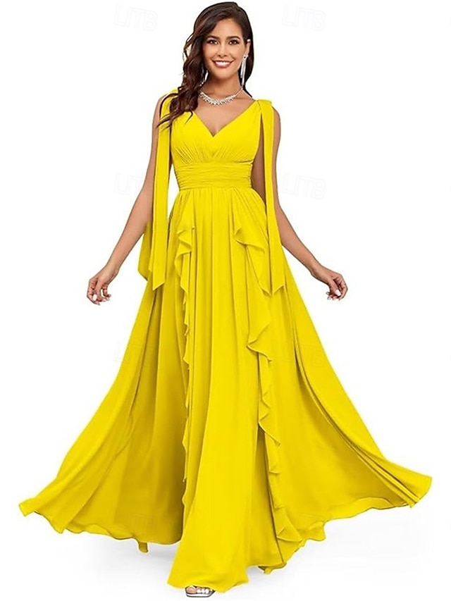  Vestidos de Quinceanera A-Line Vestido Elegante Performance Natal Comprimento do Chão Sem Mangas Decote V Chiffon Costas Nuas com Pregas