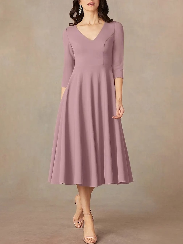  Abito A-Line madre della sposa ospite matrimonio elegante minimalista scollatura a V lunghezza tè in raso italiano manica a tre quarti con drappeggio