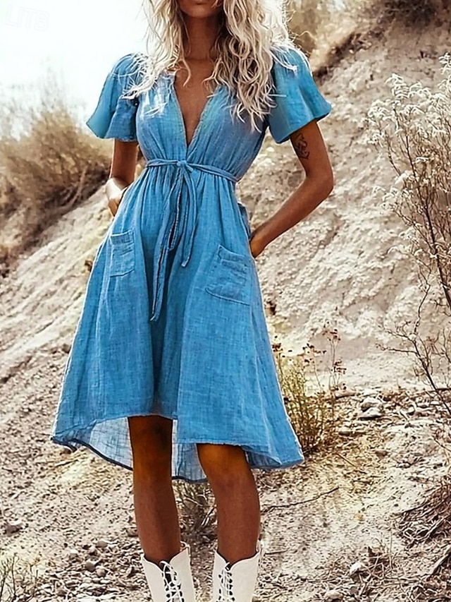  Femmes Mini Robe Robe en coton et lin Robe bohème Robe occidentale Mode Moderne Vacances Fête Week-end Coupe régulière Uni Manche Courte Col en V Bleu Été