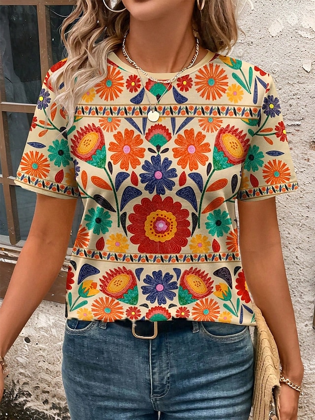  Dame T skjorte Blomstret Grafisk Planter Årgang Stilfull Klassisk Kortermet Crew-hals Vanlige topper Daglig Helg Trykt mønster Blå Lilla Oransje Grønn Sommer