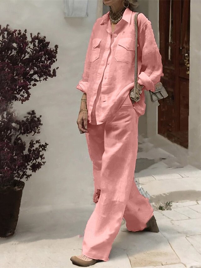 Women's Fashion Streetwear Pants Sets Long Sleeve Shirt Collar Plain Daily Wear Date White Pink Army Green Summer Regular Fit4