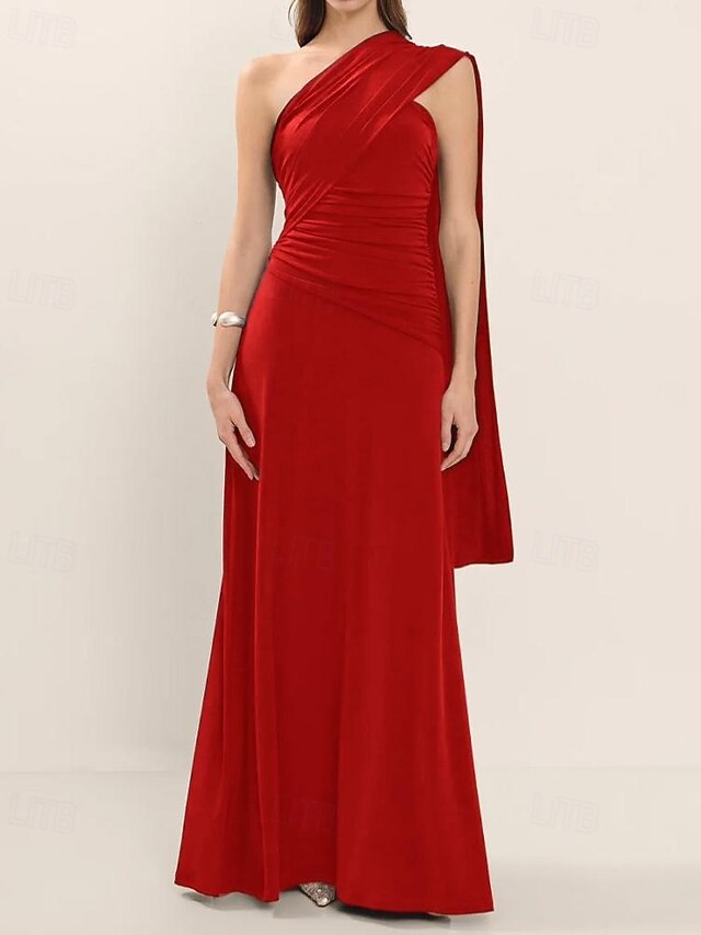  Vestido de Festa A-Line Elegante Vestido Formal Convidada de Casamento Comprimento do Chão Sem Mangas Um Ombro Jersey com Pregas