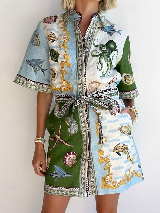 Women's Mini Dress Cotton Linen Dresses Casual Dress Fashion Outdoor Party Holiday Regular Fit Animal Short Sleeve Shirt Collar Green Summer