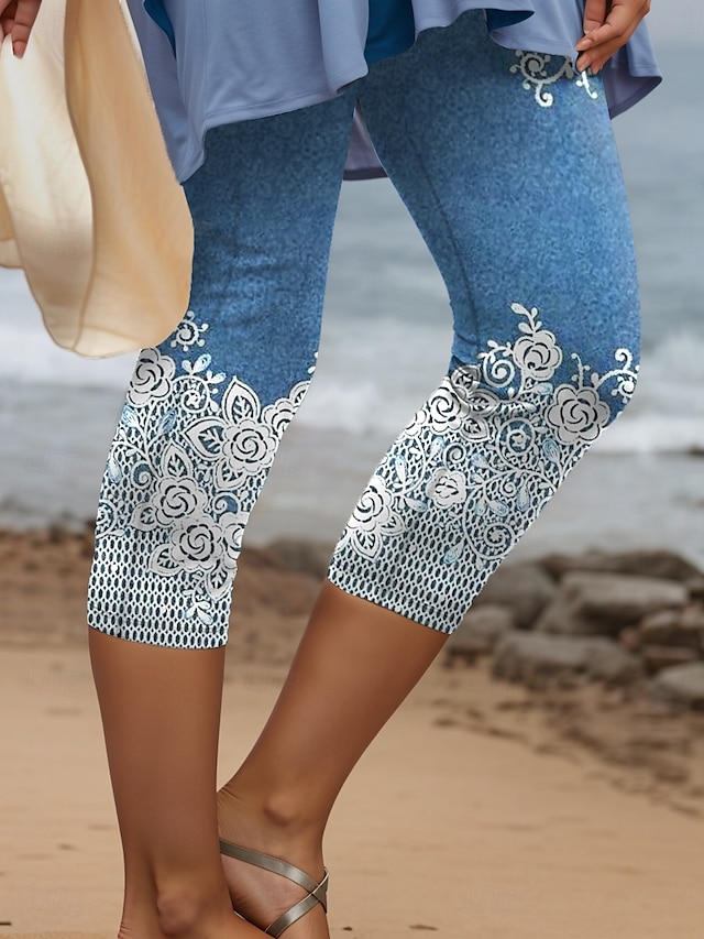  Damleggings Capri-byxor 3D-print hög elasticitet semester retro mode vadlängd hög midja blommig grafisk geometrisk andningsbar mjuk stretchig formell semester kontor robin's egg blå