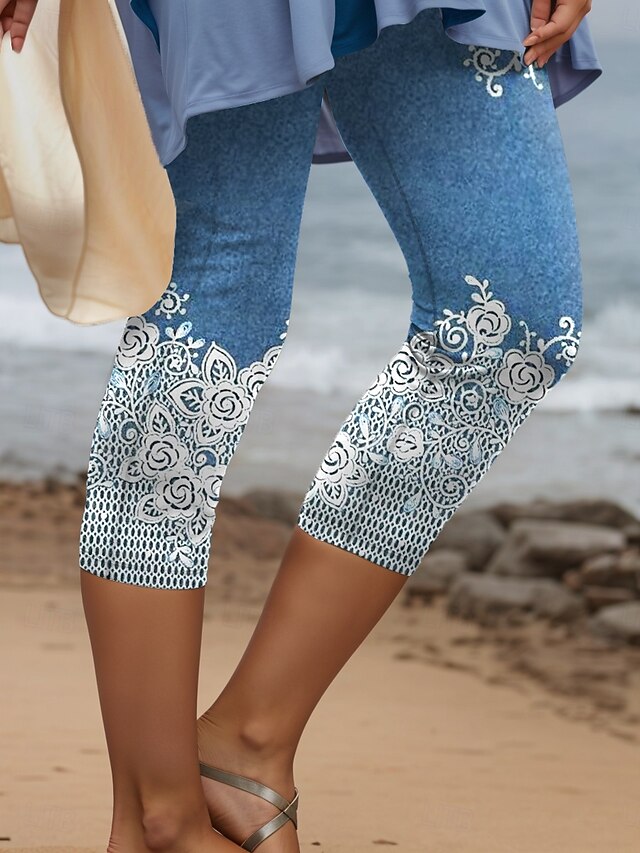 Women's Leggings Capri Pants 3D Print High Elasticity Vacation Vintage Fashion Calf-Length High Waist Floral Graphic Geometric Breathable Soft Stretchy Formal Vacation Office Robin's Egg Blue4