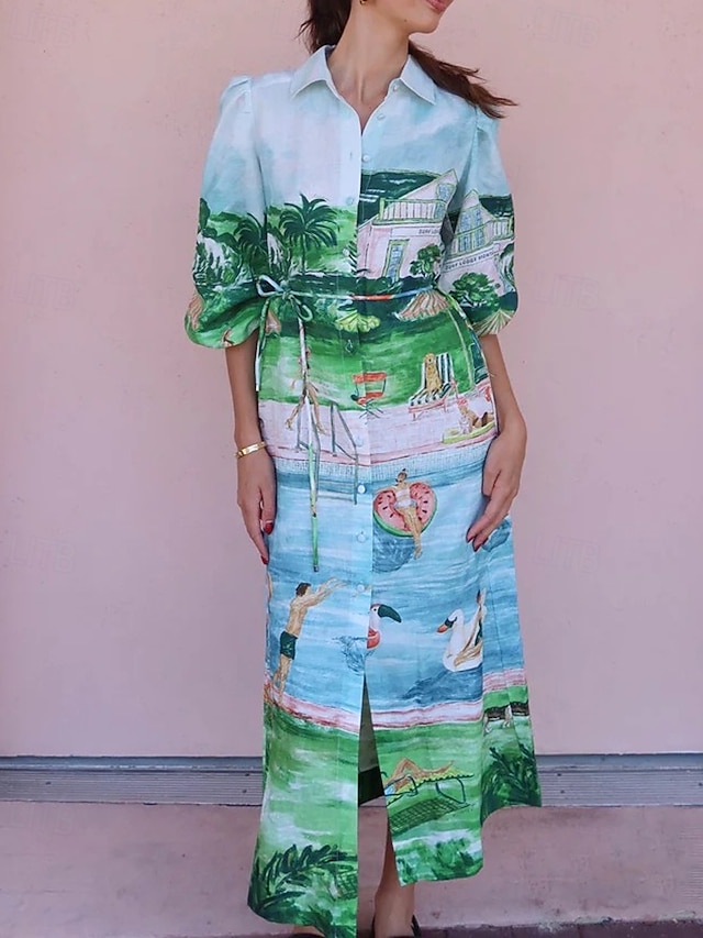  Femmes Robe Longue Maxi Robe Robes en coton et lin Robe Décontractée Mode Extérieur Soirée Fête Coupe régulière Paysage Manche 3/4 Col de chemise Vert Été