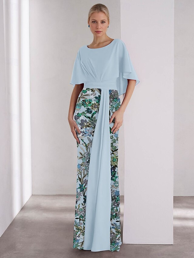  Mermaid / Trumpet Evening Gown Elegant Dress Formal Wedding Floor Length Short Sleeve Boat Neck Sequined with Glitter Embroidery