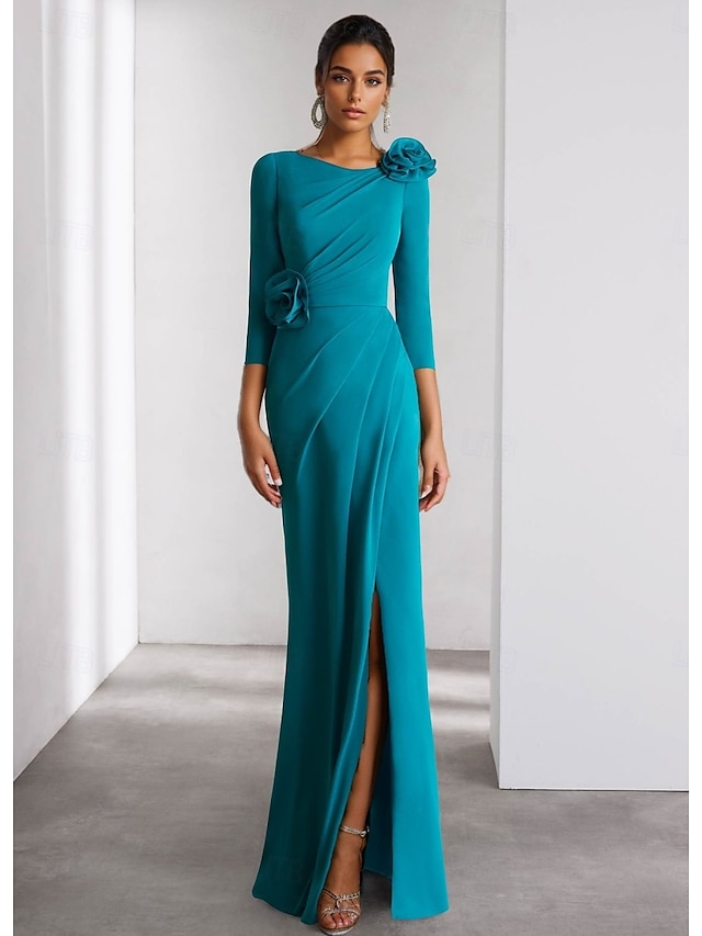  A-Line Evening Gown Elegant Dress Formal Wedding Floor Length Long Sleeve Crew Neck Detachable Stretch Crepe with Shouder Flower