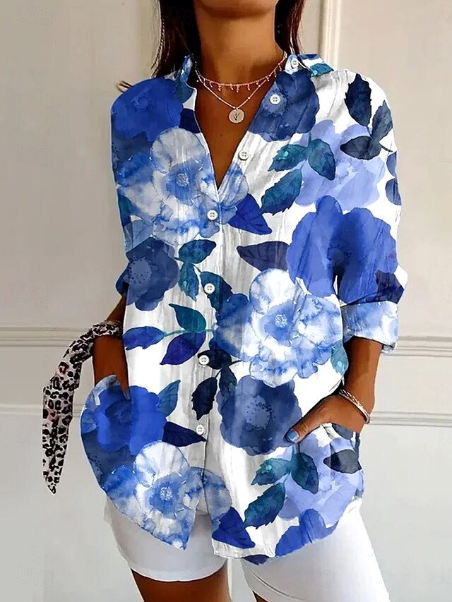 Women's Shirt Button Down Tunic Shirt Collar Long Sleeve Floral Graphic Leaf Vintage Tropical Daily Regular Tops Work Daily Holiday s Print Blue Spring4