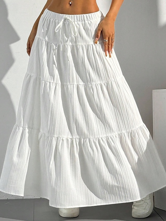  Damen Rock Schwingend Mode Maxi Mittlere Hüfthöhe Röcke Einfach Gerafft Kordelzug Mikroelastisch Urlaub Ausgehen Schwarz Weiß Rot Braun Sommer Polyester