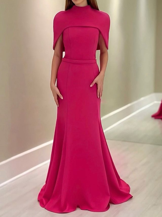  2-in-1 Cape Dress Hot Pink Mermaid / Trumpet Evening Gown Elegant Dress Formal Semi Formal Wedding Floor Length Sleeveless MocK Neck with Stretch Crepe