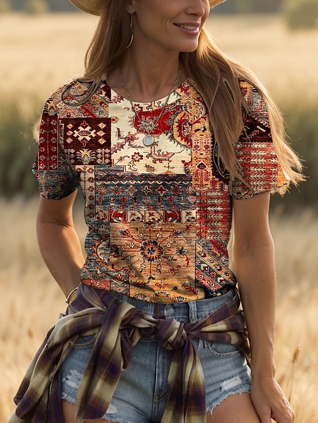 Femmes T-shirt Fleuri Graphique Géométrique ancien Élégant Classique Manche Courte Col ras du cou Col rond Hauts Réguliers Quotidien Week-end Imprimé Jaune Rose Claire Bleu Violet Vert Été Printemps