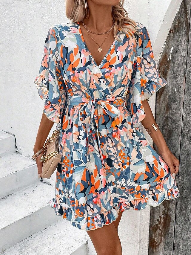 Women's Mini Dress Ruffle Dress Casual Flutter Sleeve Form Fit Ditsy Floral Short Sleeve V Neck Orange Summer Fall2