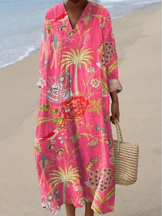 Femmes Robe Midi Robe d'Été Robe trapèze Vacances Occasionnel Boho Soirée Sortir Plage Fleuri Graphique manche longue Col en V Rose Claire Blanche Vert Claire Rose Claire Été Printemps