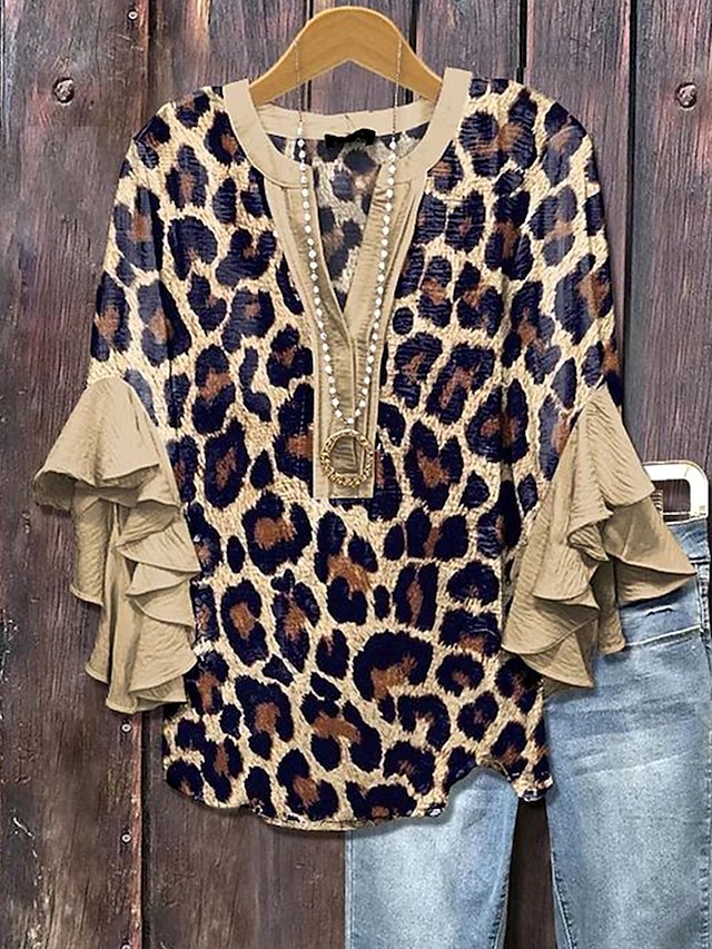  Bluzka damska z dekoltem w serek graficzna w panterkę elegancka boho etniczna 3/4 długości rękawa regularne bluzki codziennie na wakacje nadruk brązowy khaki lato wiosna jesień