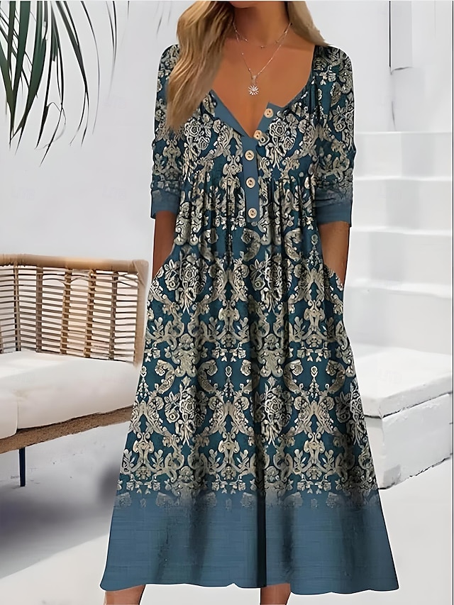  Damen Midikleid Sommerkleid Faltenkleid Urlaub Lässig Strand Ferien Normale Passform Blumen Grafik Kurzarm Rundhalsausschnitt Weiß Blau Leicht Blau Sommer