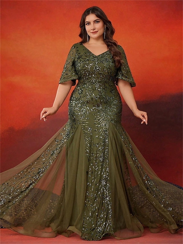  Φόρεμα A-Line Plus Size Elegant Dress Επίσημο Γάμου Μήκος Δαπέδου Κοντό Μανίκι V Λαιμό Σατέν με Sequins