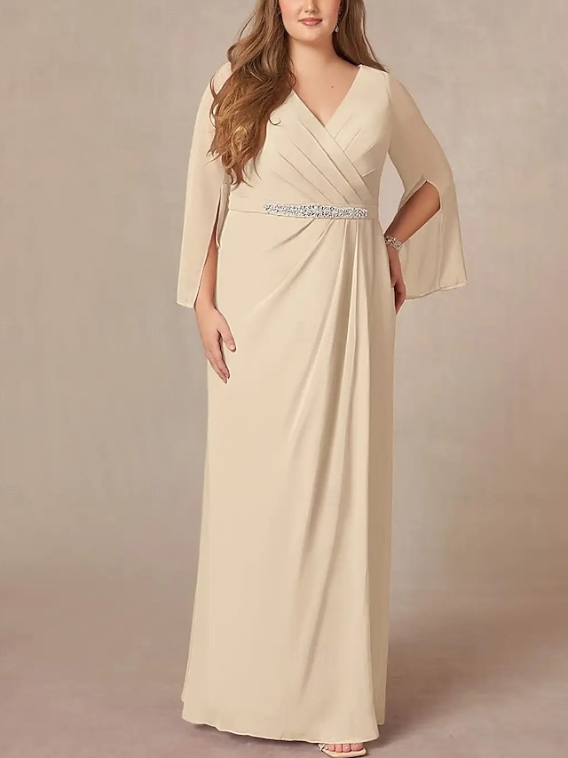  A-Linie Brautmutterkleid Hochzeitsgast Elegant V Ausschnitt Bodenlang Chiffon Spitze Langarm mit Falten Perlenstickerei Raffung 2025