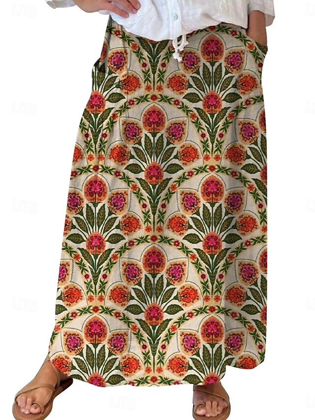  Dame الالتفاف A-linje Bohem Årgang Fritid Maksi Høy Midje Skjørt Blomstret Lomme Trykt mønster Mikroelastisk Gate Daglig Navyblå Blå Himmelblå Brun Sommer Polyester Falsk Lin
