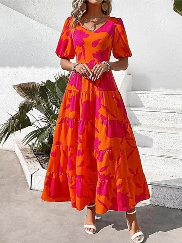  Women's Maxi Dress Casual Dress Casual Loose Fit Graphic Short Sleeve Crew Neck Magenta Dark Red Red Blue Summer