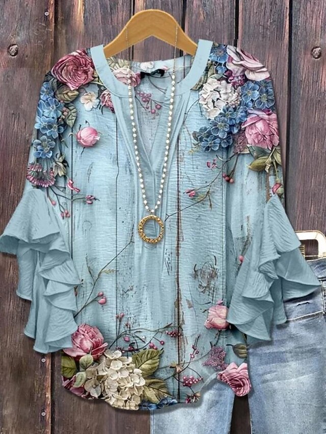 Women's Blouse V Neck Floral Graphic Bohemia Vintage Daily 3/4 Length Sleeve Flutter Sleeve Regular Tops Daily Holiday Vacation Wear Ruffle Print Blue Light Blue Summer Spring Fall3