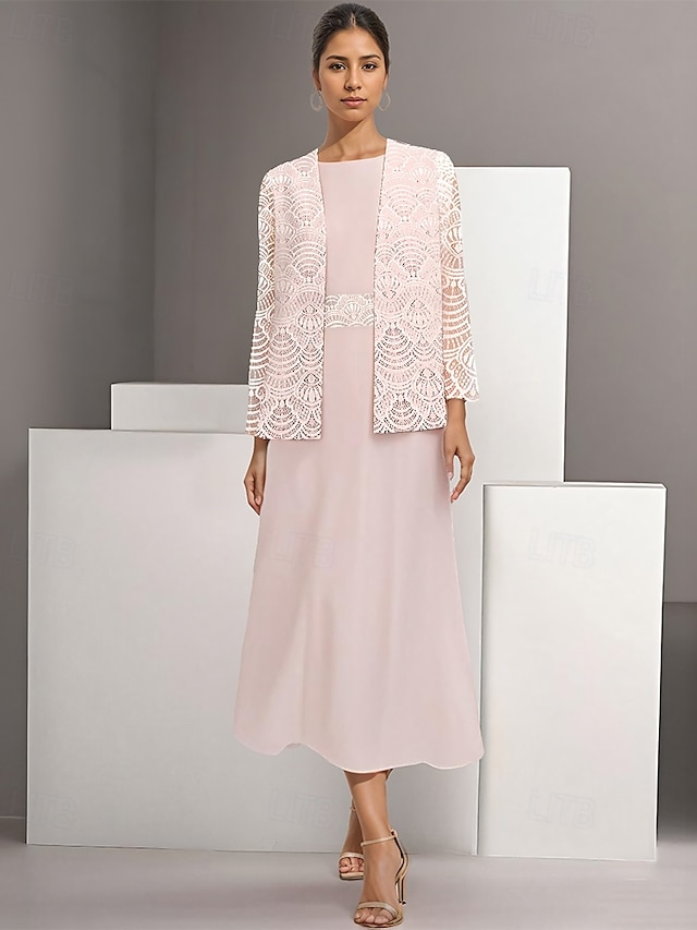  Abito madre della sposa A-Line due pezzi elegante semplice casual collo a barca lunghezza caviglia chiffon maniche lunghe con pizzo