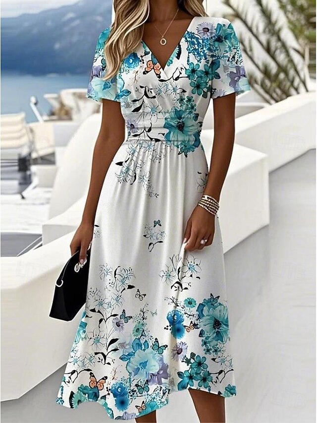 Women's Elegant Midi Dress A Line Dress Wrap Dress V Neck Short Sleeve Going out Floral Graphic Sleeveless Gray Pink Blue3