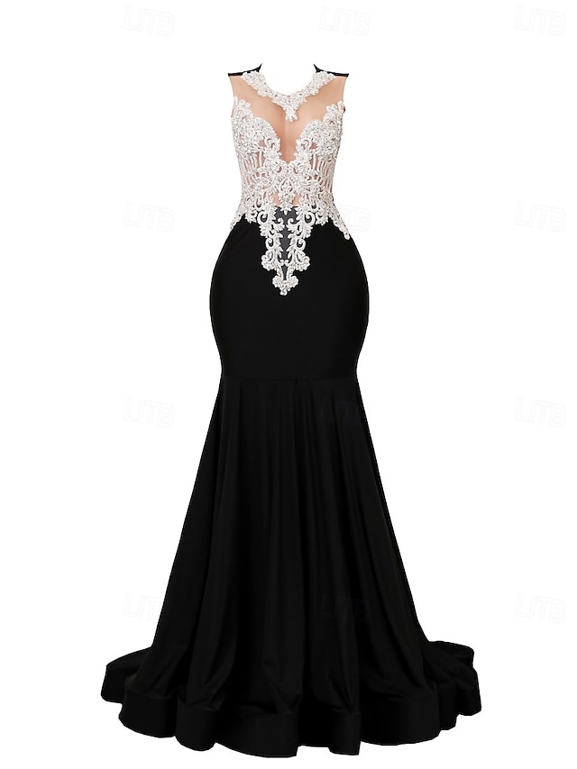  Mermaid  Trumpe Kveldsdrakt Elegant Kjole Kveldsfest Prom Domstol Tog Uten Ermer Crew Hals Stretch Krepp med Perle Applikasjoner