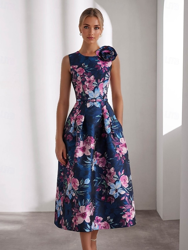  Vestidos de Coquetel A-Line Elegante Vestido Formal Casamento Comprimento até o Tornozelo Sem Mangas Gola Redonda Com Bolso Cetim com Estampa Floral Vestido Convidada de Casamento 2025