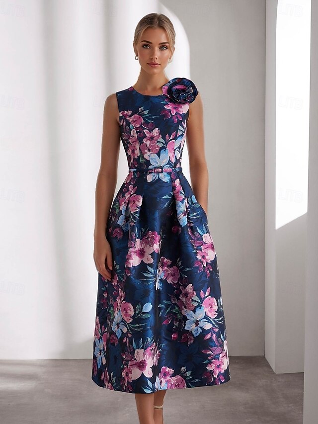 A-Line Cocktail Dresses Elegant Dress Formal Wedding Ankle Length Sleeveless Crew Neck Pocket Satin with Floral Print Pocket Wedding Guest Dress4