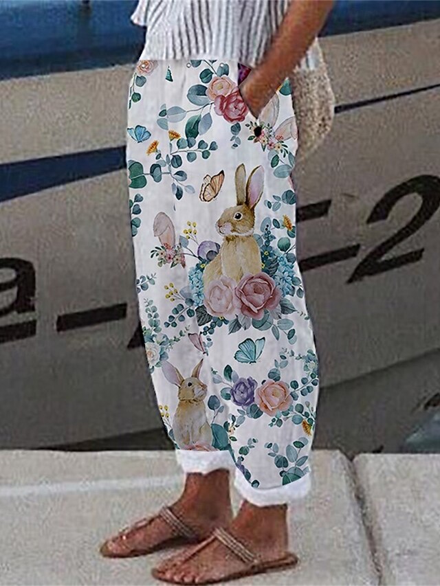 Women's Linen-Inspired Pants Harem Pants Fashion Boho Full Length Mid Waist Rabbit Flower Elastic Waist Breathable Comfortable Micro-elastic Street Daily Wear Going out Blue Summer Spring Regular Fit4