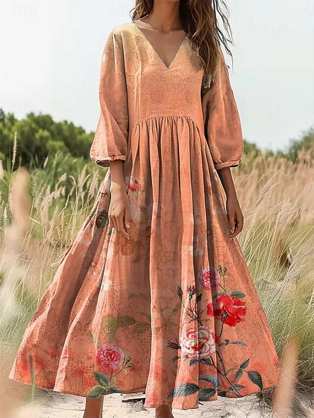 Women's Maxi Dress Sundress A Line Dress Pleated Dress Vacation Casual Boho Daily Holiday Date Floral Graphic Long Sleeve V Neck Orange Light Orange3