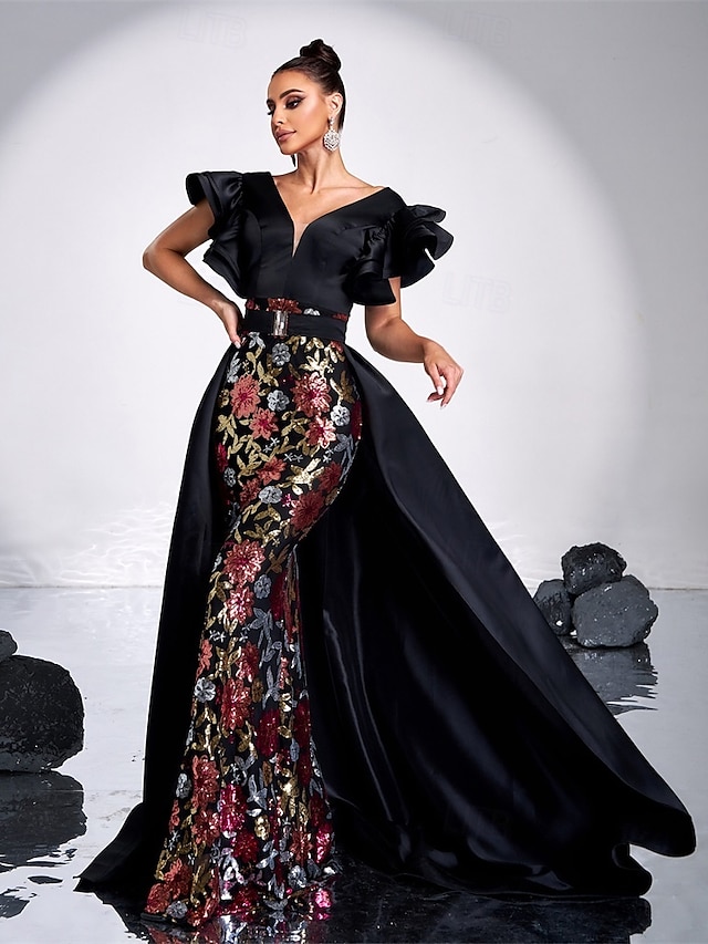  Vestidos de noche A-Line vestido elegante boda formal cola barrida sin mangas escote en V de lentejuelas florales con volantes