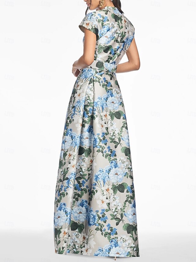Classy Sleeveless White Satin Print Floral A Line Long Wedding Guest Dress Evening Gown