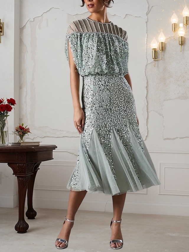  Robe A-Line Mère de la Mariée Mariage Plage Simple Luxueuse Col Ronde Robe Invité de Mariage Longueur Thé Midi Longueur Dentelle Sequins Manches Courtes avec Perles