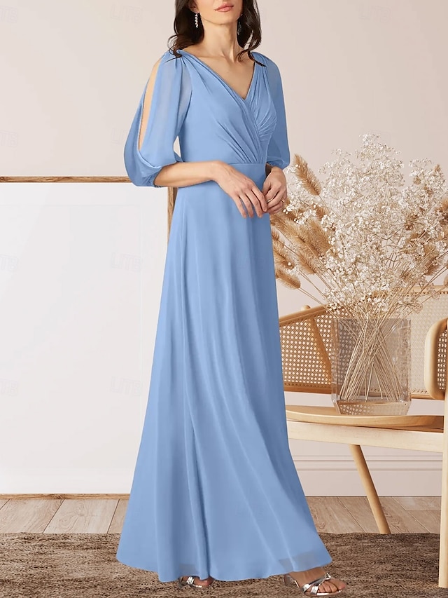  A-Linie Brautmutterkleid Hochzeitsgast Elegant V Ausschnitt Bodenlang Chiffon Halbarm mit Raffung 2025
