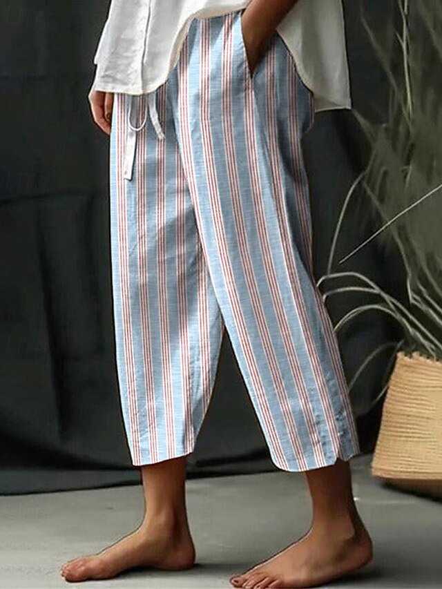 Women's Linen-Inspired Pants Harem Pants Fashion Boho Full Length Mid Waist Stripe Elastic Waist Breathable Comfortable Micro-elastic Street Daily Wear Going out Pink Blue Light Blue Summer Spring4