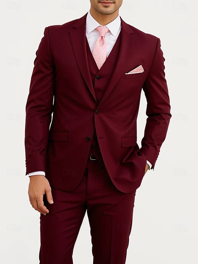  Completi da matrimonio da uomo Completi business di ritorno a casa Borgogna Blu navy Moda Formale a tinta unita Fit standard 3 Pezzi Monopetto Due bottoni