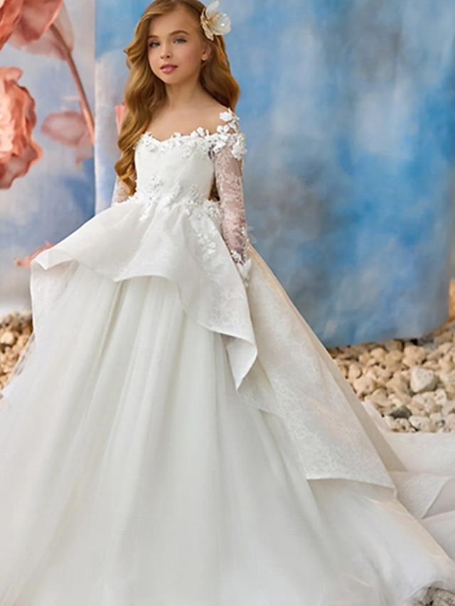  Ball gown knälängd blomsterflicka klänning Quinceanera Frozen Elsa flickor söt bal klänning tylle med rynkad kunglig stil tutu passform 3-16 år