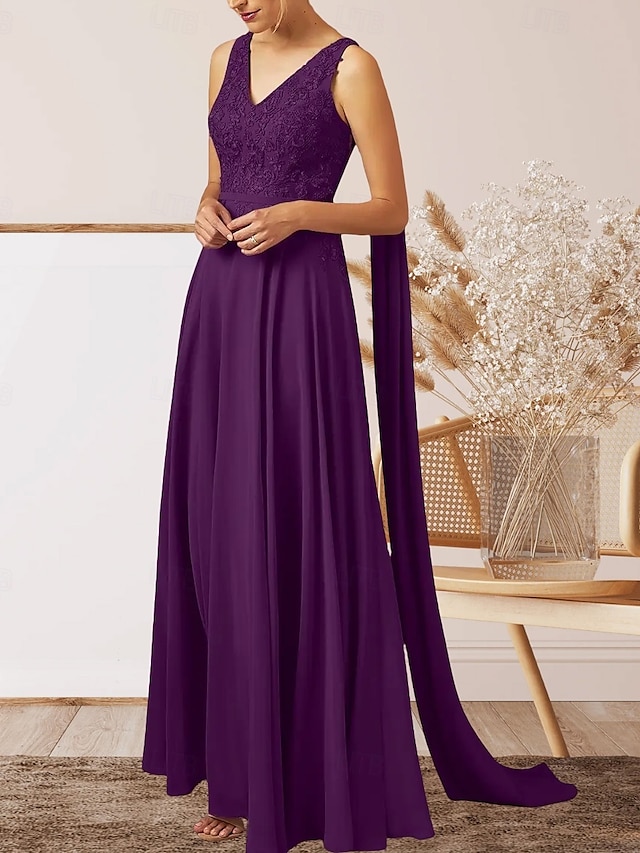  A-Line Bryllupsgæst Kjoler Elegant Kjole Bryllupsgæst Engagement Gulvlængde Uden Ærmer V-Hals Efterårs Bryllupsgæst Chiffon med Applikationer