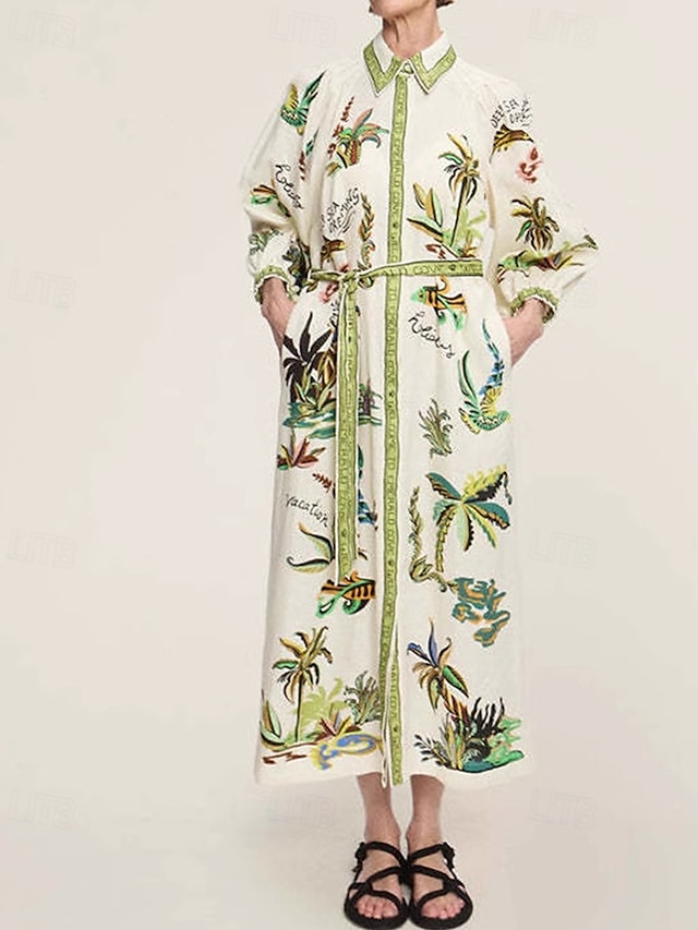  Femmes Robe Longue Maxi Robe Robes en coton et lin Robe Décontractée Mode Extérieur Soirée Fête Coupe régulière Fleur Manche 3/4 Col de chemise Vert Été