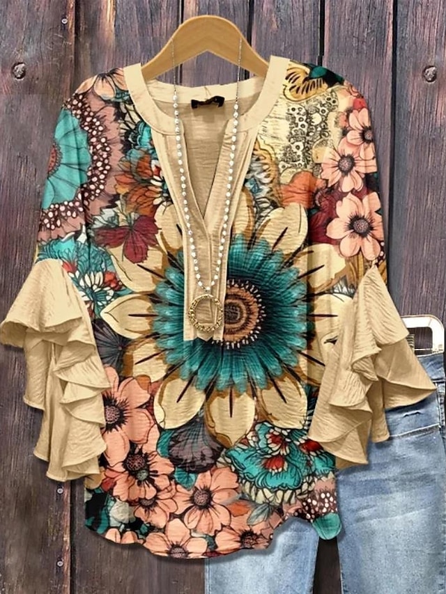  Dámská retro blůza s vrstvenými volánovými rukávy Vintage květinový grafický Bohemia Vintage denní 3/4 délky rukáv V krku běžné topy Denní dovolená prázdninové oblečení Tisk černá žlutá léto jaro