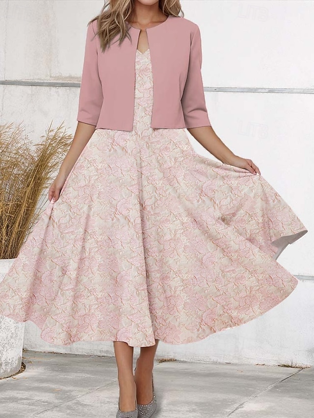  To-del A-Line cocktailkjoler Elegant Formell Bryllupsgjest Te Lengde Lang Erme Firkantet Hals Konvertibel Nylon Lomme